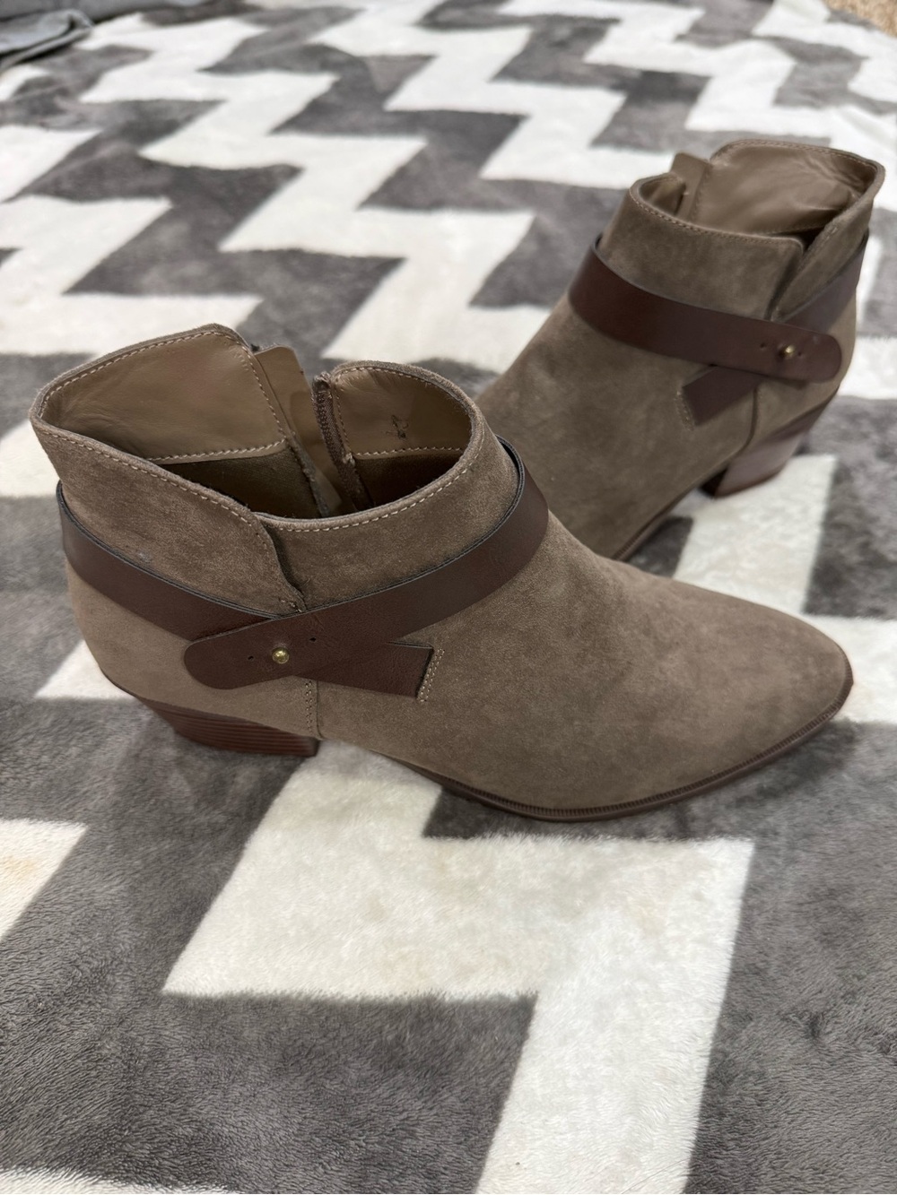 Market & Spruce Taupe Suede Ankle Boots with Brown Strap